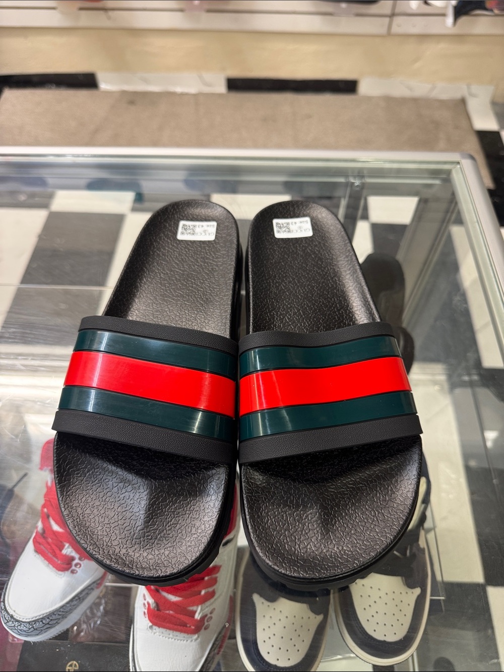 Gucci Black Slides with Red and Green Stripes